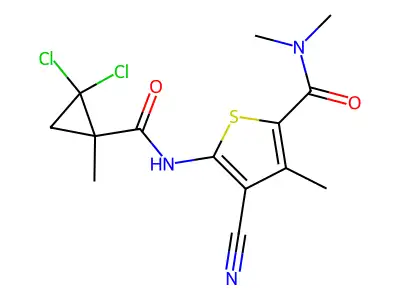 4-cyano-5-[(2,2-dichloro-1-methylcyclopropanecarbonyl)amino]-N,N,3-trimethylthiophene-2-carboxamide structure