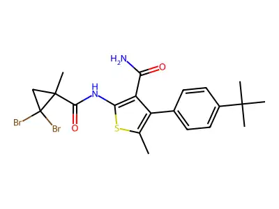 4-(4-tert-butylphenyl)-2-[(2,2-dibromo-1-methylcyclopropanecarbonyl)amino]-5-methylthiophene-3-carboxamide structure