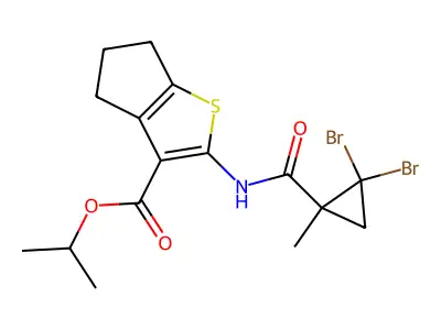 isopropyl 2-{[(2,2-dibromo-1-methylcyclopropyl)carbonyl]amino}-5,6-dihydro-4H-cyclopenta[b]thiophene-3-carboxylate structure