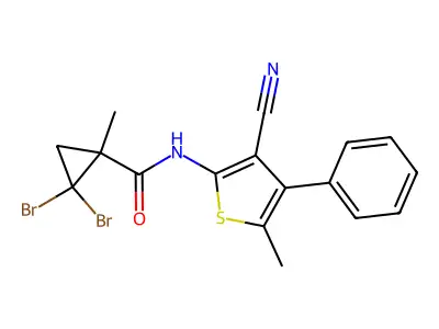 2,2-dibromo-N-(3-cyano-5-methyl-4-phenylthiophen-2-yl)-1-methylcyclopropane-1-carboxamide structure