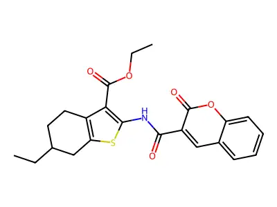 ethyl 6-ethyl-2-[(2-oxochromene-3-carbonyl)amino]-4,5,6,7-tetrahydro-1-benzothiophene-3-carboxylate structure