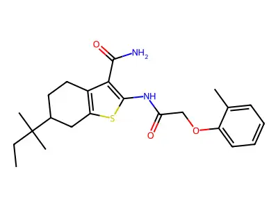 6-(2-methylbutan-2-yl)-2-[[2-(2-methylphenoxy)acetyl]amino]-4,5,6,7-tetrahydro-1-benzothiophene-3-carboxamide structure