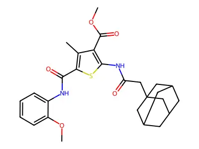 methyl 2-[(1-adamantylacetyl)amino]-5-[(2-methoxyanilino)carbonyl]-4-methyl-3-thiophenecarboxylate structure