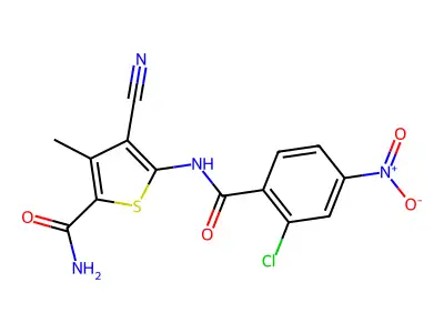 5-[(2-Chloro-4-nitrobenzoyl)amino]-4-cyano-3-methylthiophene-2-carboxamide structure