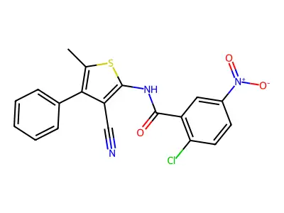 2-chloro-N-(3-cyano-5-methyl-4-phenylthiophen-2-yl)-5-nitrobenzamide structure