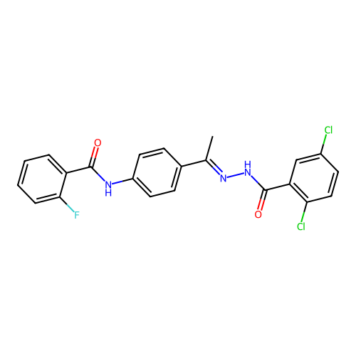 N-{4-[N-(2,5-dichlorobenzoyl)ethanehydrazonoyl]phenyl}-2-fluorobenzamide structure