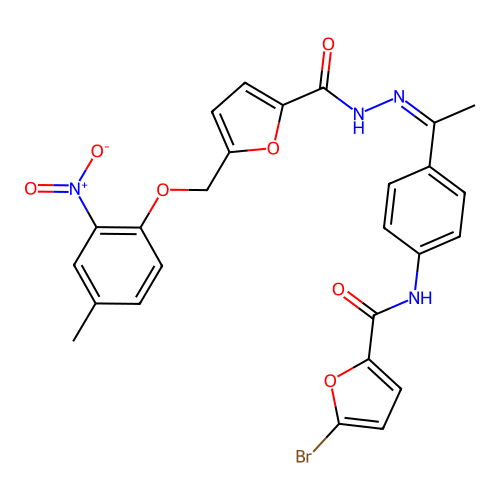 N-[(Z)-1-[4-[(5-bromofuran-2-carbonyl)amino]phenyl]ethylideneamino]-5-[(4-methyl-2-nitrophenoxy)methyl]furan-2-carboxamide structure