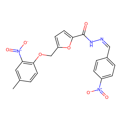 N'-{4-nitrobenzylidene}-5-({2-nitro-4-methylphenoxy}methyl)-2-furohydrazide structure