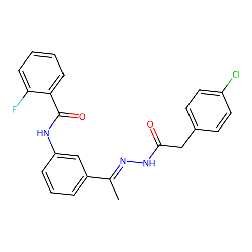 N-(3-{N-[(4-chlorophenyl)acetyl]ethanehydrazonoyl}phenyl)-2-fluorobenzamide structure