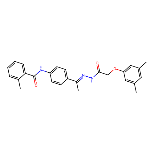 N-(4-{N-[(3,5-dimethylphenoxy)acetyl]ethanehydrazonoyl}phenyl)-2-methylbenzamide structure
