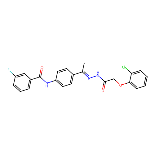 N-(4-{N-[(2-chlorophenoxy)acetyl]ethanehydrazonoyl}phenyl)-3-fluorobenzamide structure