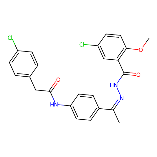 5-chloro-N-[(Z)-1-[4-[[2-(4-chlorophenyl)acetyl]amino]phenyl]ethylideneamino]-2-methoxybenzamide structure