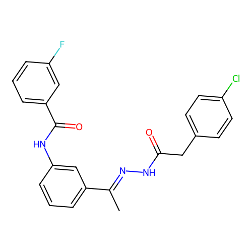 N-(3-{N-[(4-chlorophenyl)acetyl]ethanehydrazonoyl}phenyl)-3-fluorobenzamide structure