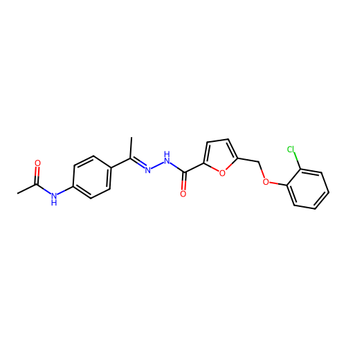 N-[4-(N-{5-[(2-chlorophenoxy)methyl]-2-furoyl}ethanehydrazonoyl)phenyl]acetamide structure