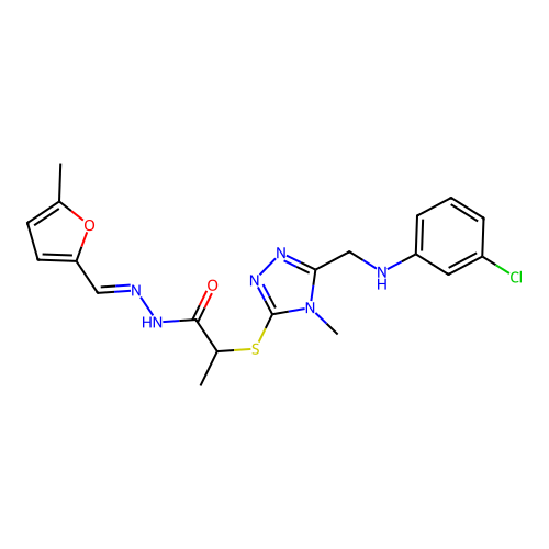 2-({5-[(3-chloroanilino)methyl]-4-methyl-4H-1,2,4-triazol-3-yl}sulfanyl)-N'-[(5-methyl-2-furyl)methylene]propanohydrazide structure