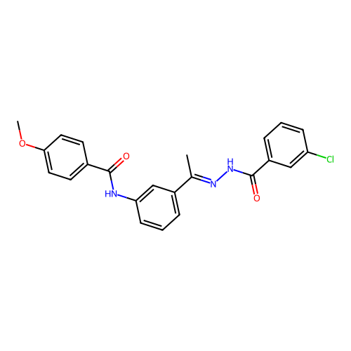 3-chloro-N-[(E)-1-[3-[(4-methoxybenzoyl)amino]phenyl]ethylideneamino]benzamide structure