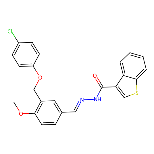N-[(E)-[3-[(4-chlorophenoxy)methyl]-4-methoxyphenyl]methylideneamino]-1-benzothiophene-3-carboxamide structure