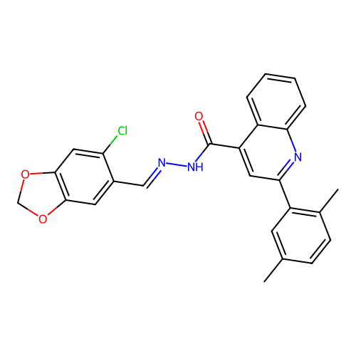 N-[(E)-(6-chloro-1,3-benzodioxol-5-yl)methylideneamino]-2-(2,5-dimethylphenyl)quinoline-4-carboxamide structure