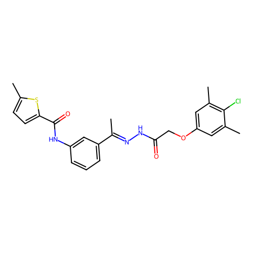 N-(3-{N-[(4-chloro-3,5-dimethylphenoxy)acetyl]ethanehydrazonoyl}phenyl)-5-methyl-2-thiophenecarboxamide structure