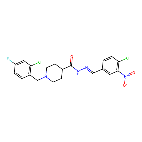 1-[(2-chloro-4-fluorophenyl)methyl]-N-[(E)-(4-chloro-3-nitrophenyl)methylideneamino]piperidine-4-carboxamide structure