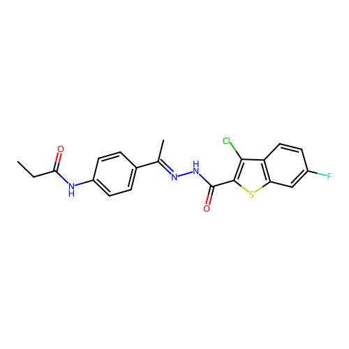 N-(4-{N-[(3-chloro-6-fluoro-1-benzothien-2-yl)carbonyl]ethanehydrazonoyl}phenyl)propanamide structure