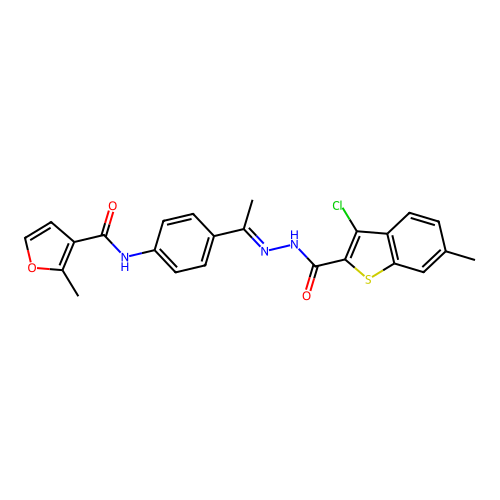 N-(4-{N-[(3-chloro-6-methyl-1-benzothien-2-yl)carbonyl]ethanehydrazonoyl}phenyl)-2-methyl-3-furamide structure
