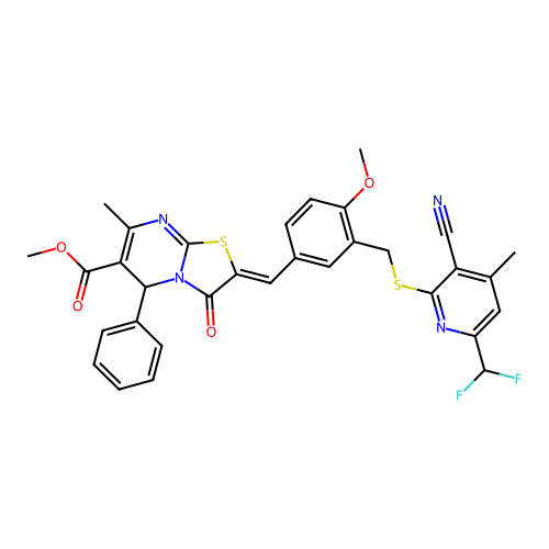 methyl (2Z)-2-[3-({[3-cyano-6-(difluoromethyl)-4-methylpyridin-2-yl]sulfanyl}methyl)-4-methoxybenzylidene]-7-methyl-3-oxo-5-phenyl-2,3-dihydro-5H-[1,3]thiazolo[3,2-a]pyrimidine-6-carboxylate structure