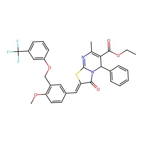 ethyl (2Z)-2-[[4-methoxy-3-[[3-(trifluoromethyl)phenoxy]methyl]phenyl]methylidene]-7-methyl-3-oxo-5-phenyl-5H-[1,3]thiazolo[3,2-a]pyrimidine-6-carboxylate structure
