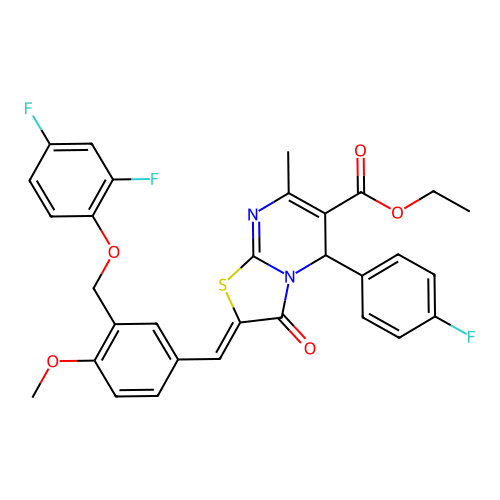 ethyl (2Z)-2-[[3-[(2,4-difluorophenoxy)methyl]-4-methoxyphenyl]methylidene]-5-(4-fluorophenyl)-7-methyl-3-oxo-5H-[1,3]thiazolo[3,2-a]pyrimidine-6-carboxylate structure