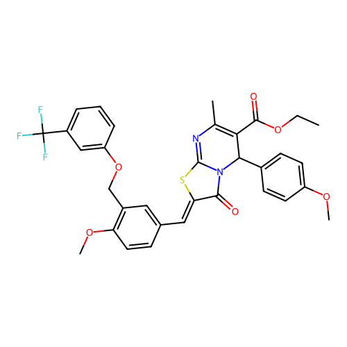 ethyl (2Z)-5-(4-methoxyphenyl)-2-(4-methoxy-3-{[3-(trifluoromethyl)phenoxy]methyl}benzylidene)-7-methyl-3-oxo-2,3-dihydro-5H-[1,3]thiazolo[3,2-a]pyrimidine-6-carboxylate structure