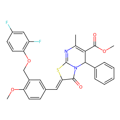 methyl (2Z)-2-[[3-[(2,4-difluorophenoxy)methyl]-4-methoxyphenyl]methylidene]-7-methyl-3-oxo-5-phenyl-5H-[1,3]thiazolo[3,2-a]pyrimidine-6-carboxylate structure
