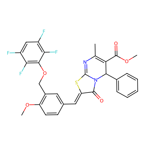 methyl 2-{4-methoxy-3-[(2,3,5,6-tetrafluorophenoxy)methyl]benzylidene}-7-methyl-3-oxo-5-phenyl-2,3-dihydro-5H-[1,3]thiazolo[3,2-a]pyrimidine-6-carboxylate structure