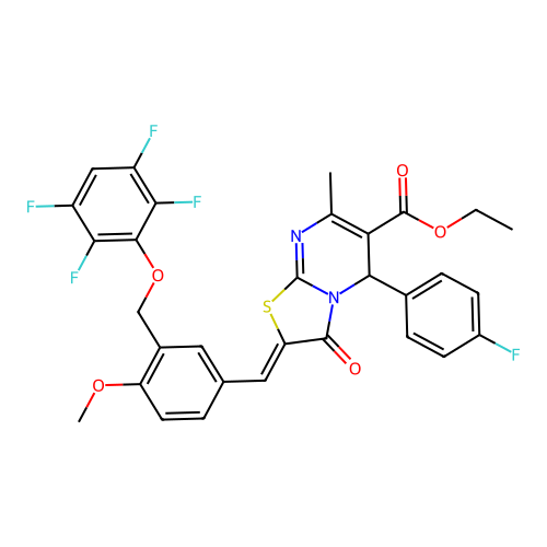 ethyl (2Z)-5-(4-fluorophenyl)-2-[[4-methoxy-3-[(2,3,5,6-tetrafluorophenoxy)methyl]phenyl]methylidene]-7-methyl-3-oxo-5H-[1,3]thiazolo[3,2-a]pyrimidine-6-carboxylate structure