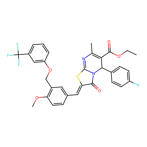 ethyl (2Z)-5-(4-fluorophenyl)-2-(4-methoxy-3-{[3-(trifluoromethyl)phenoxy]methyl}benzylidene)-7-methyl-3-oxo-2,3-dihydro-5H-[1,3]thiazolo[3,2-a]pyrimidine-6-carboxylate structure