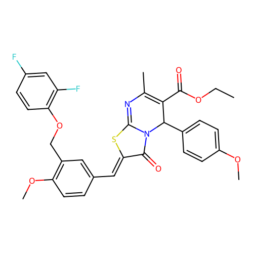 ethyl 2-{3-[(2,4-difluorophenoxy)methyl]-4-methoxybenzylidene}-5-(4-methoxyphenyl)-7-methyl-3-oxo-2,3-dihydro-5H-[1,3]thiazolo[3,2-a]pyrimidine-6-carboxylate structure