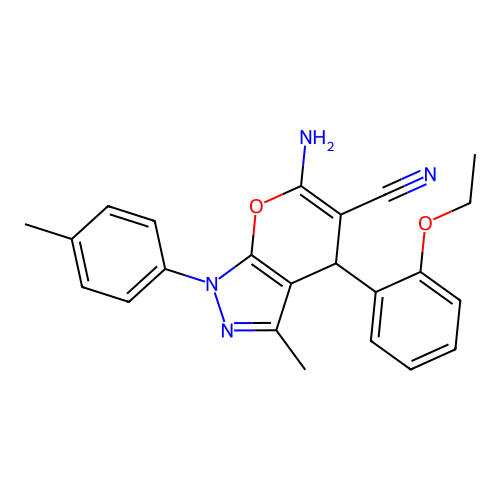 6-amino-4-[2-(ethyloxy)phenyl]-3-methyl-1-(4-methylphenyl)-1,4-dihydropyrano[2,3-c]pyrazole-5-carbonitrile structure