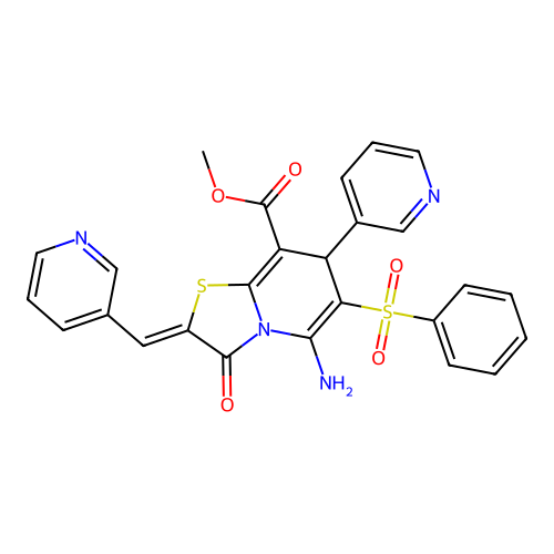 methyl (2Z)-5-amino-6-(benzenesulfonyl)-3-oxo-7-pyridin-3-yl-2-(pyridin-3-ylmethylidene)-7H-[1,3]thiazolo[3,2-a]pyridine-8-carboxylate structure
