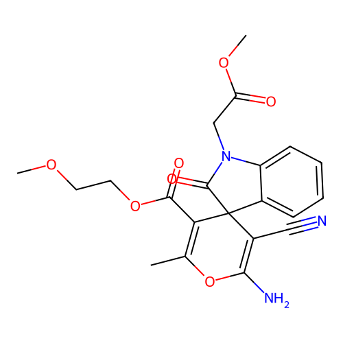 2-methoxyethyl 6'-amino-5'-cyano-1-(2-methoxy-2-oxoethyl)-2'-methyl-2-oxo-1,2-dihydrospiro[indole-3,4'-pyran]-3'-carboxylate structure