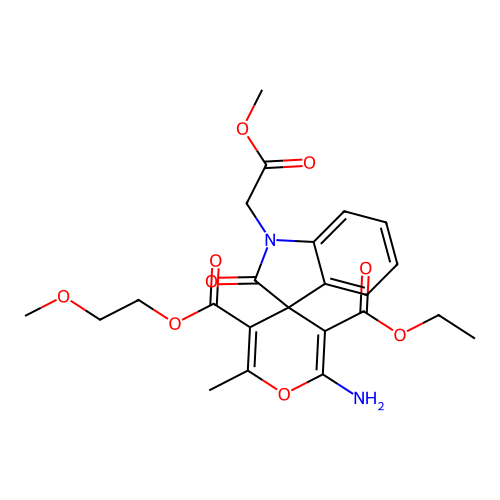 3'-ethyl 5'-(2-methoxyethyl) 2'-amino-1-(2-methoxy-2-oxoethyl)-6'-methyl-2-oxo-1,2-dihydrospiro[indole-3,4'-pyran]-3',5'-dicarboxylate structure