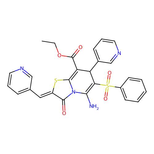 5-Amino-6-benzenesulfonyl-3-oxo-7-pyridin-3-yl-2-[1-pyridin-3-yl-meth-(Z)-ylidene]-2,3-dihydro-7H-thiazolo[3,2-a]pyridine-8-carboxylic acid ethyl ester structure