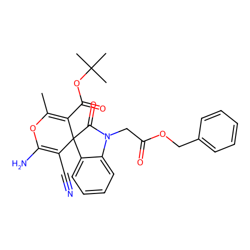 tert-butyl 6'-amino-5'-cyano-2'-methyl-2-oxo-1-(2-oxo-2-phenylmethoxyethyl)spiro[indole-3,4'-pyran]-3'-carboxylate structure