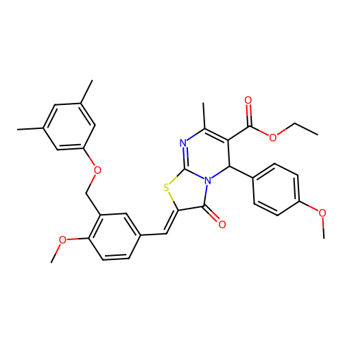 ethyl (2Z)-2-[[3-[(3,5-dimethylphenoxy)methyl]-4-methoxyphenyl]methylidene]-5-(4-methoxyphenyl)-7-methyl-3-oxo-5H-[1,3]thiazolo[3,2-a]pyrimidine-6-carboxylate structure