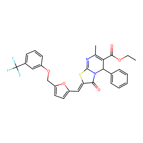 ethyl (2Z)-7-methyl-3-oxo-5-phenyl-2-[[5-[[3-(trifluoromethyl)phenoxy]methyl]furan-2-yl]methylidene]-5H-[1,3]thiazolo[3,2-a]pyrimidine-6-carboxylate structure