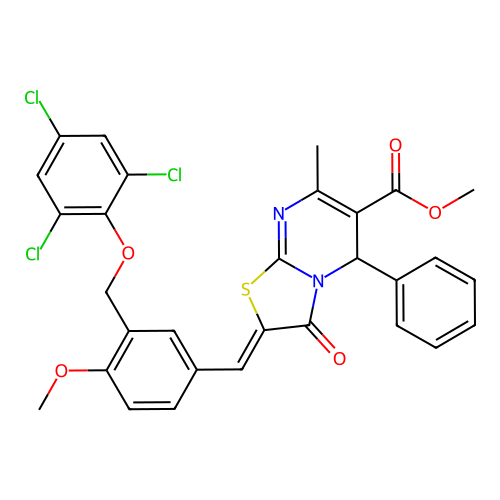 methyl (2Z)-2-[[4-methoxy-3-[(2,4,6-trichlorophenoxy)methyl]phenyl]methylidene]-7-methyl-3-oxo-5-phenyl-5H-[1,3]thiazolo[3,2-a]pyrimidine-6-carboxylate structure
