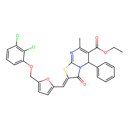 ethyl (2Z)-2-[[5-[(2,3-dichlorophenoxy)methyl]furan-2-yl]methylidene]-7-methyl-3-oxo-5-phenyl-5H-[1,3]thiazolo[3,2-a]pyrimidine-6-carboxylate structure