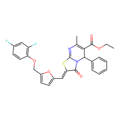 ethyl (2Z)-2-[[5-[(2,4-difluorophenoxy)methyl]furan-2-yl]methylidene]-7-methyl-3-oxo-5-phenyl-5H-[1,3]thiazolo[3,2-a]pyrimidine-6-carboxylate structure