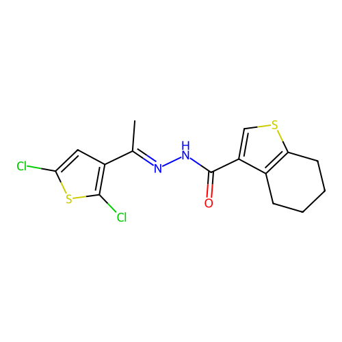 N-[(E)-1-(2,5-dichlorothiophen-3-yl)ethylideneamino]-4,5,6,7-tetrahydro-1-benzothiophene-3-carboxamide structure