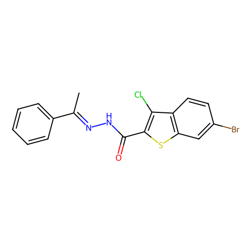 6-bromo-3-chloro-N'-(1-phenylethylidene)-1-benzothiophene-2-carbohydrazide structure