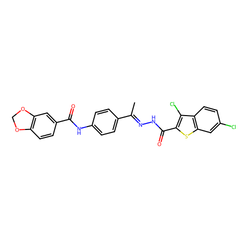 N-(4-{N-[(3,6-dichloro-1-benzothien-2-yl)carbonyl]ethanehydrazonoyl}phenyl)-1,3-benzodioxole-5-carboxamide structure