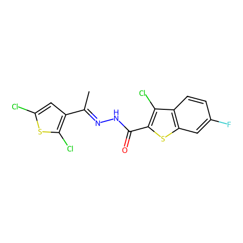3-chloro-N'-[1-(2,5-dichloro-3-thienyl)ethylidene]-6-fluoro-1-benzothiophene-2-carbohydrazide structure